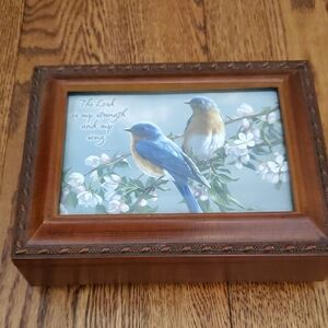Vintage - Religious Wooden Musical Jewelry Box with Bluebird and Floral Design